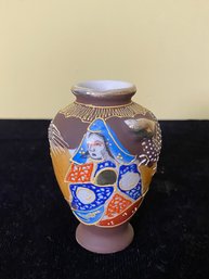 Vintage 4' Oriental Miniature Brown Moriage Porcelain Vase / Urn W Geisha Girl