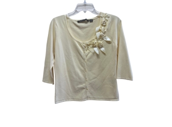 Michelle Nicole Pale Yellow Knit Cardigan With 3/4 Sleeves And Rosette Swag - Size M