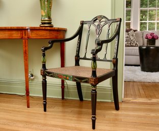 French Regency Polychrome Hand Painted Cane Ebonized Chairs 1 Of 2 $1650.