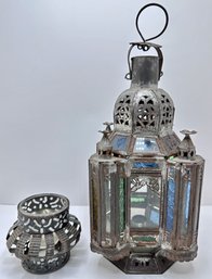 Vintage Moroccan Metal & Stained Glass Lantern & Crimped Metal Candle Holder