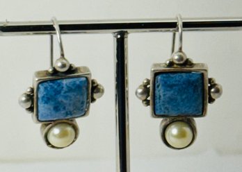 PRETTY STERLING SILVER SODALITE AND PEARL EARRINGS