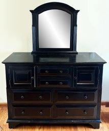 A Painted Paneled Hard Wood Dresser With Mirror, Likely Restoration Hardware