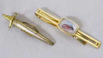 Two Mid-century Men's Tie Clips - Fly Fishing Lure & A Sword By Anson & Hickock