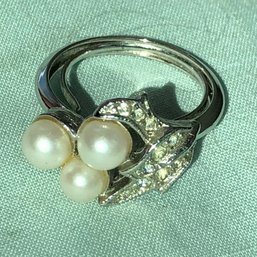 Vintage Ring - Avon 'evening Splendor' Faux Pearls & Rhinestones - Size 5 - 8 - Adjustable