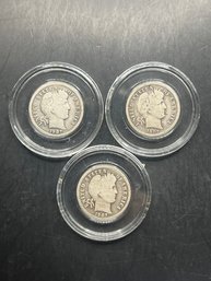 3 Barber Silver Dimes 1907, 1907-D, 1907-S