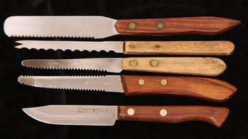 SET OF 5 ASSORTED WOOD HANDLED KNIVES INCLUDING 2 GRAPEFRUIT, PARING KNIFE, ETC.