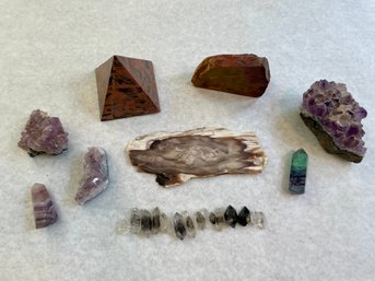 Collection Of Amethyst Specimens, Fluorite Tower, Petrified Wood Slab & More