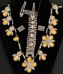 Vintage Jewelry Lot 7 - Rhinestone - Earrings - Bracelet - Bees Bug  Flower Short Choker Necklace