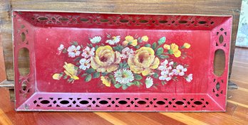 Vintage Toleware Red Color Hand Painted Tray.