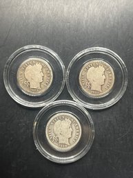 3 Barber Silver Dimes 1908, 1908-D, 1908-O