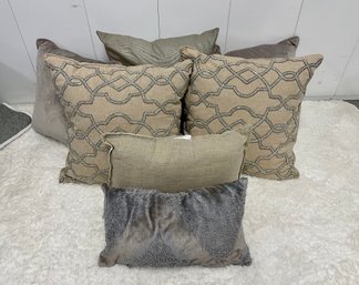 Pair Of Decorative Beaded Square Pillows With Coordinating Pillows In Camel & Grey Tones