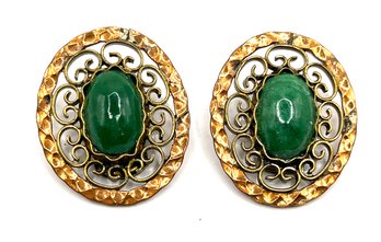 Vintage Victorian Revival Green Stone Clip On Earrings