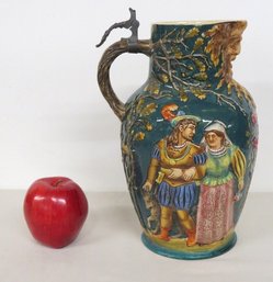 An Amazingly Well Decorated Large 19th C. German Majolica Stein/Pitcher Northwind Spout, Courting Couples
