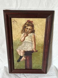 Antique Folk Art Painting Of A Girl Resting Atop A Pedestal- Signed And Dated February 1897