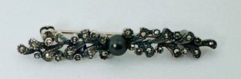 DESIGNER JUDITH JACK STERLING SILVER BLACK PEARL AND MARCASITE BROOCH