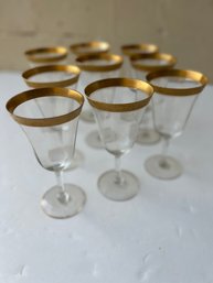 Lot Of 8 - Tiffin Franciscan Vintage Mid Century Optic Wine Water Glass Gold Trim