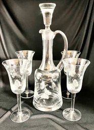 Vintage 6 Pc. Butterfly Etched Crystal Decanter And Wine Glasses