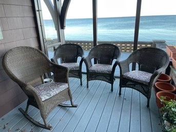 Four Faux Wicker Patio Chairs.