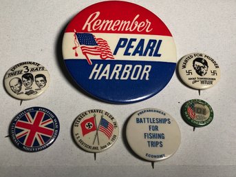 Lot Of 7 Pins - Rare Find - Pearl Harbor - Pin Lot - British War Relief Of Southern Cal & Anti Hitler Pins