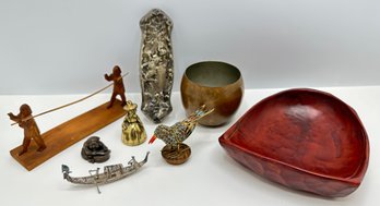 Vintage Metal & Wood Figurines & Wood Bowls, Mostly Korean