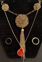 Vintage Jewelry Lot 8 - Antiqued Gold Mesh Tassel Bead Necklace - Ornate Rings - Teardrop Red Gold Necklace