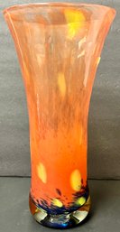 Vintage Art Glass Vase - Orange With Yellow Spots Blue Base - Kerry Crafted Glass - Ireland - 10 3/8 H