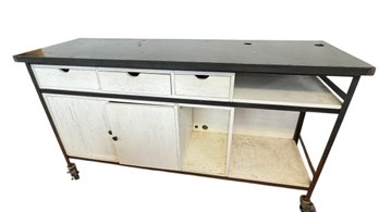 A Custom-Made Solid Oak And Steel Service Counter On Wheels Industrial Look