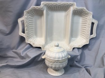 Fantastic Large LENOX - BUTLERS PANTRY - Three Section Serving Tray Plus Large Covered Sugar Bowl With Lid