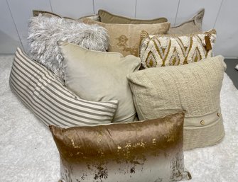 Ten Sand, Copper & Gold Throw Pillows Including Metallic Decorative Lumbar