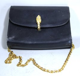 John F. Paris Leather Ladies Purse In Navy Blue W Gilt Strap And Clasp