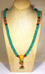 Vintage Plastic Turquoise Ethnographic Beaded Necklace 26' Long