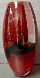 Vintage Art Glass Red Vase - With Black Accents - Unmarked - 11 1/8 H