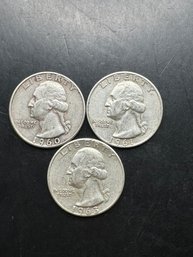 3 Silver Washington Quarters 1960-D, 1961-D, 1963