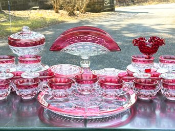 A Vintage Cranberry Pressed Glass Punch And Appetizer Service