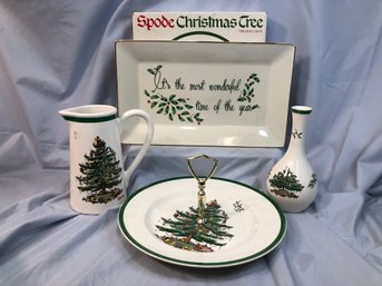 Lot Of All Brand New SPODE Christmas Tree - And LENOX Holiday China Pieces - Tidbit Tray - Pitcher - Vase !