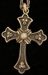 Vintage Sarah Coventry - Large Peace Cross Necklace - 1975 Edition - Gold Tone With Faux Pearl