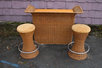 Vintage Mid Century Wicker Bar And Two Stools