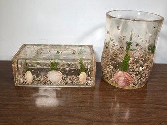 Fantastic Vintage Lucite Waste Basket & Tissue Cover Box Made With Actual Genuine Sea Shells - AMAZING !