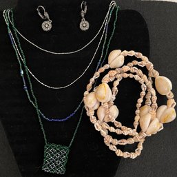 Vintage Jewelry Lot 10 - Shell - Green Blue Beaded - Silver Tone - Necklaces - Sparkly Pierced Earrings