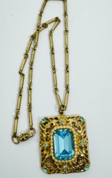 VINTAGE SIGNED PEGASUS CORO BLUE RHINESTONE GOLD TONE DANGLE NECKLACE