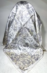 White And Off-white Gray Globe Themed Designer Silk Scarf