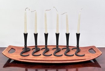 Vintage Danish Modern Collection - Iron Candlesticks Dansk Teak Tray