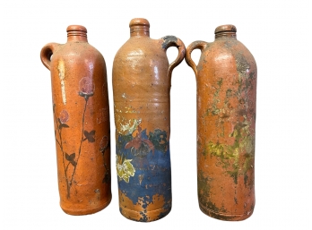 Three Antique Hand Painted Folk Art Mineral Water Bottles