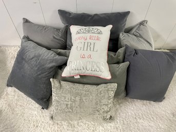 Collection Of Warm & Cool Grey Throw Pillows Including Coordinating Princess Pillow