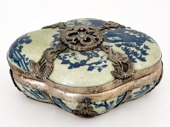 An Antique Sterling And Transferware Jewelry Box