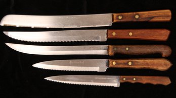 SET OF 5 WOOD HANDLED CUTTING KNIVES INCLUDING A PS 1952, EKCO ETERNA, & FORGECRAFT