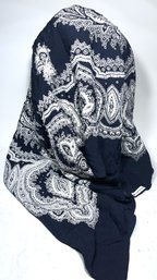 Large Dark Blue White Paisley Silk Scarf Vintage Made In Switzerland