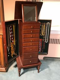 Very Nice Mahogany Standing Jewelry Armoire With Contents Top Flips Up And Has Fold Out Mirror - Nice Piece !