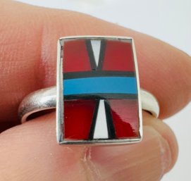 VINTAGE SIGNED LW STERLING SILVER NATIVE AMERICAN INLAID RING