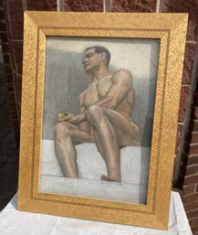 Original Pastel Painting- Nude Study Of Seated Man- Burled Frame With Marquetry Inlay
